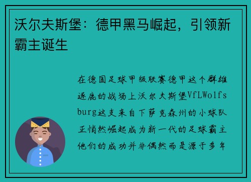 沃尔夫斯堡：德甲黑马崛起，引领新霸主诞生